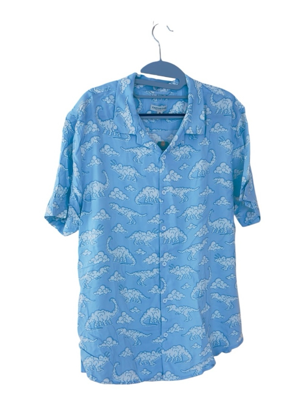 EARTHBOUND Light Blue Short-Sleeve Button-Down with Dino Cloud Print